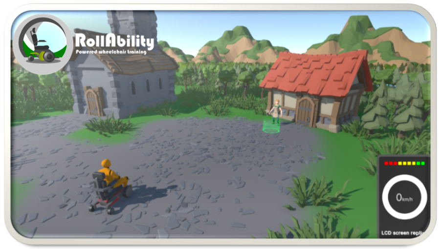 Screenshot vom Spiel RollAbility. Zu sehen ist ein Charakter im Spiel, der in einem elektrischen Rollstuhl sitzt und auf zwei Häuser blickt.