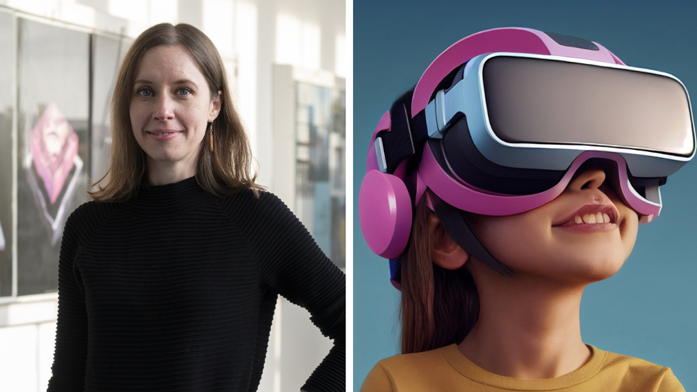 Bild-Kollage: Links ist Prof. Dr. Kathrin Gerling abgebildet, rechts ein Kind mit VR-Brille.